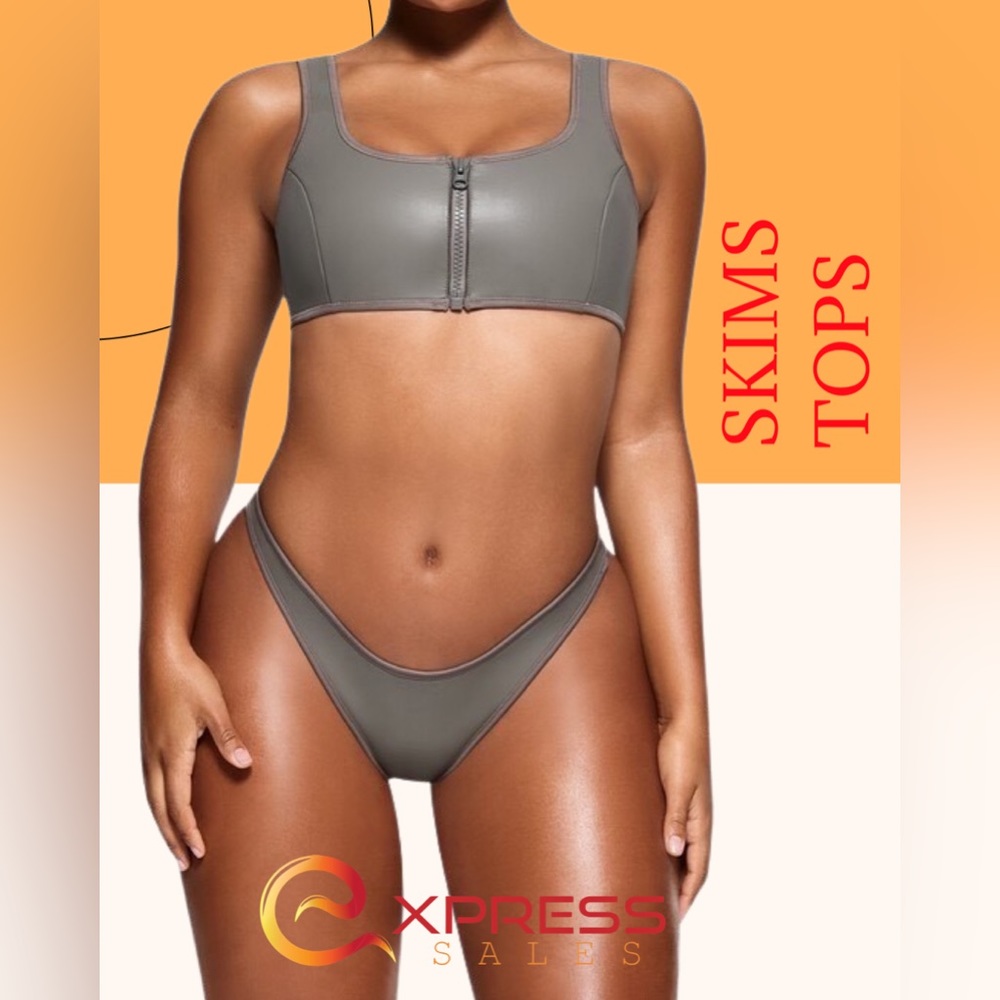 SKIMS 🌸Rubberized Scuba🌸 Swim Scoop Neck Bikini Top | Grey Chalk